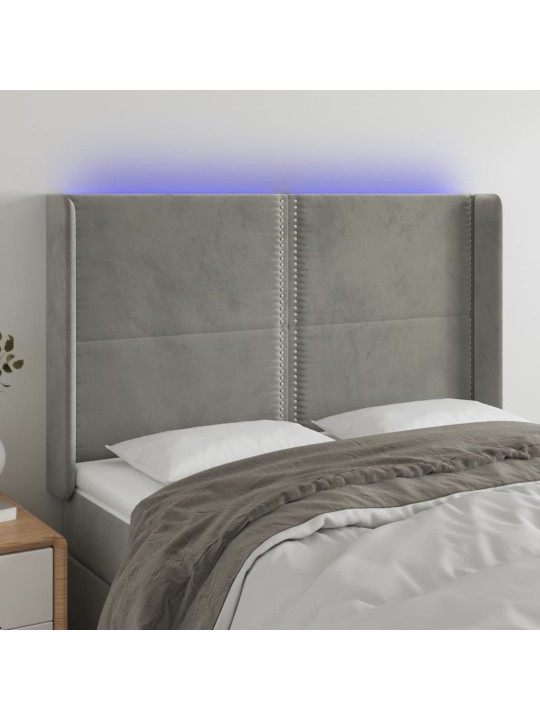 Gultas galvgalis ar LED, 147x16x118/128 cm, gaiši pelēks samts