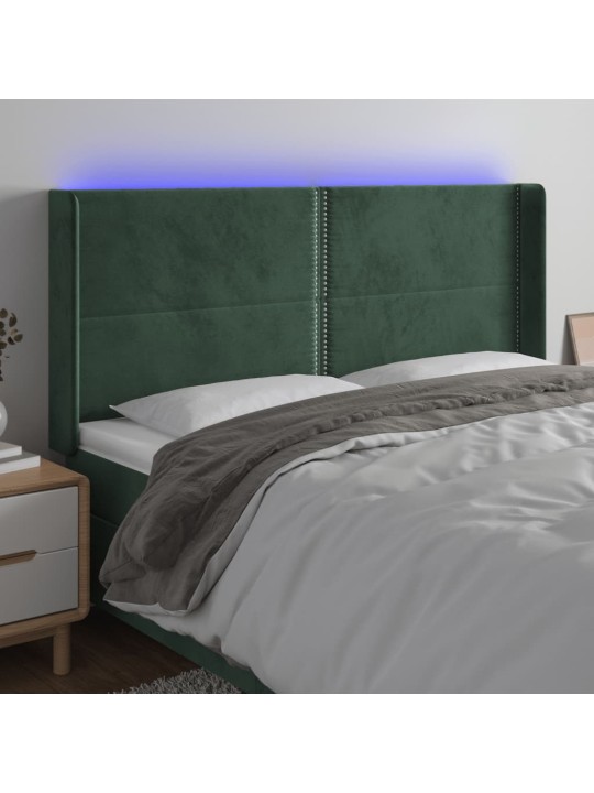 Gultas galvgalis ar led, 183x16x118/128 cm, tumši zaļš samts