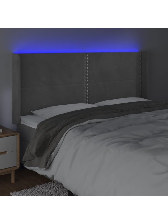 Gultas galvgalis ar led, 203x16x118/128 cm, gaiši pelēks samts