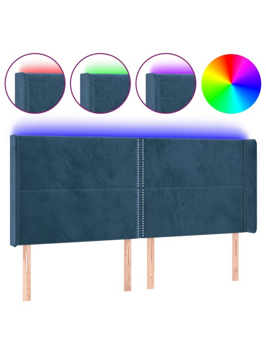 Gultas galvgalis ar led, 203x16x118/128 cm, tumši zils samts
