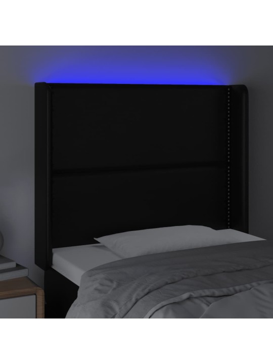 Gultas galvgalis ar led, 93x16x118/128 cm, melna mākslīgā āda