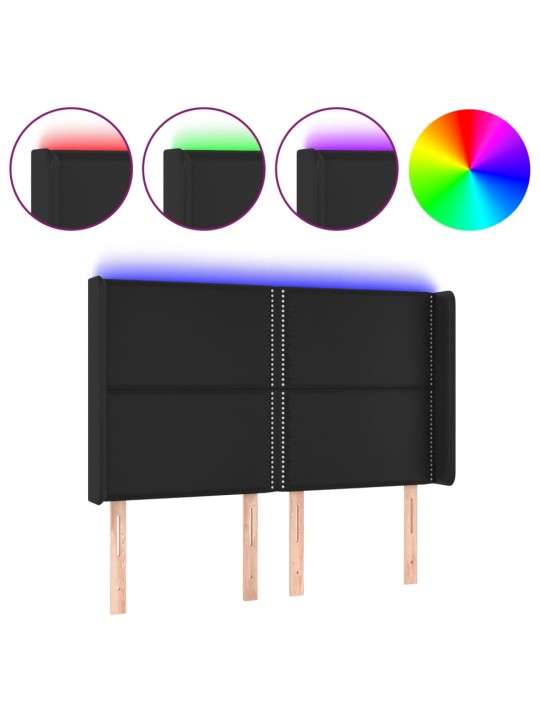 Gultas galvgalis ar LED, 147x16x118/128 cm, melna mākslīgā āda