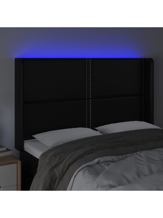 Gultas galvgalis ar LED, 147x16x118/128 cm, melna mākslīgā āda