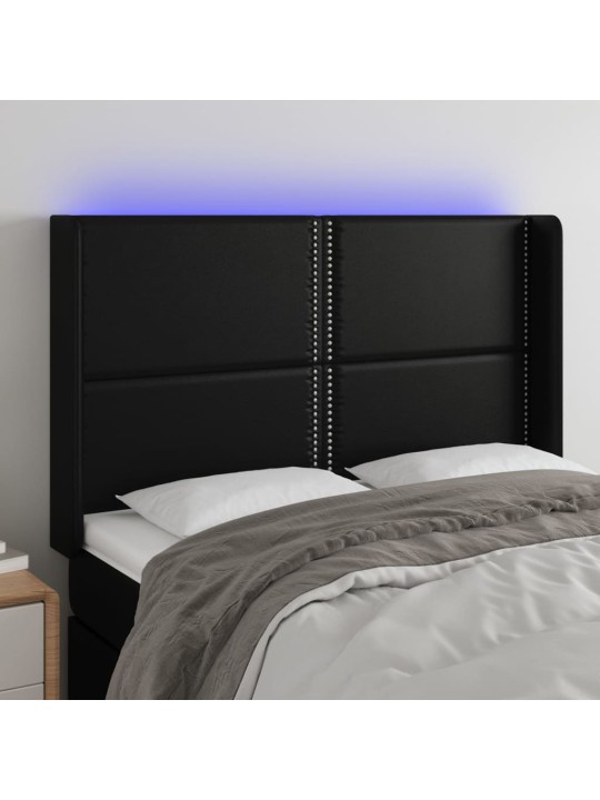 Gultas galvgalis ar LED, 147x16x118/128 cm, melna mākslīgā āda