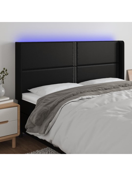 Gultas galvgalis ar LED, 163x16x118/128 cm, melna mākslīgā āda