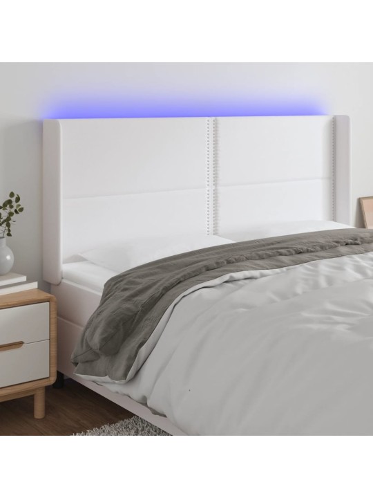Gultas galvgalis ar LED, 163x16x118/128 cm, balta mākslīgā āda