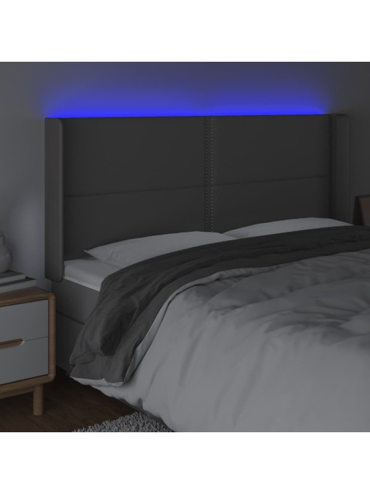 Gultas galvgalis ar LED, 163x16x118/128 cm, pelēka mākslīgā āda