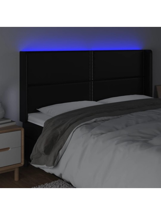 Gultas galvgalis ar led, 183x16x118/128 cm, melna mākslīgā āda
