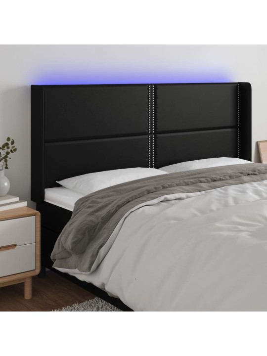 Gultas galvgalis ar led, 183x16x118/128 cm, melna mākslīgā āda