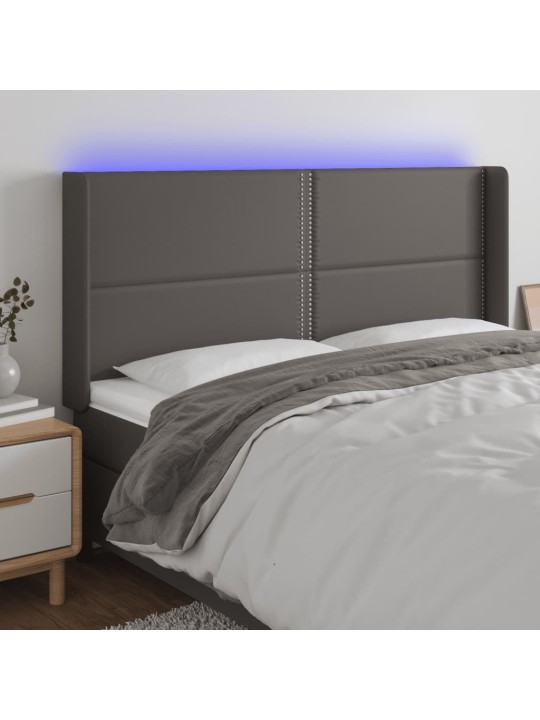Gultas galvgalis ar led, 183x16x118/128 cm, pelēka mākslīgā āda