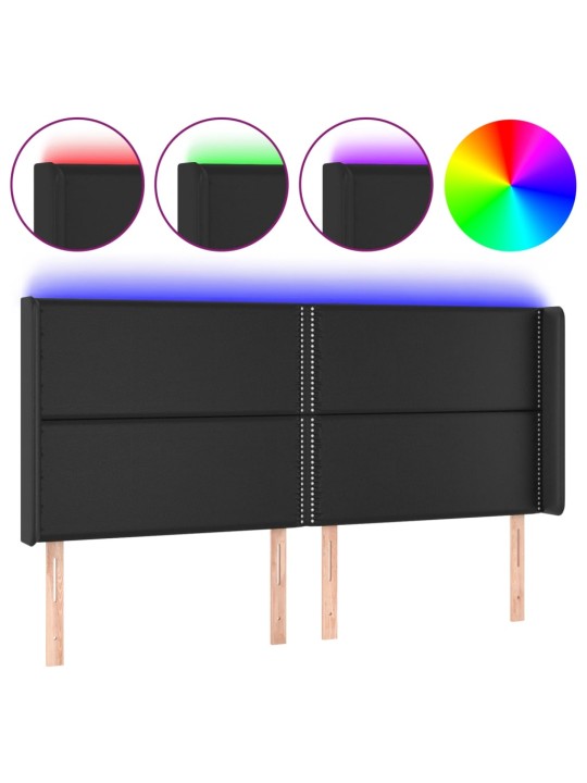 Gultas galvgalis ar led, 203x16x118/128 cm, melna mākslīgā āda