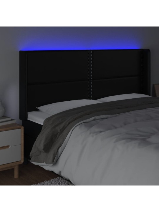 Gultas galvgalis ar led, 203x16x118/128 cm, melna mākslīgā āda