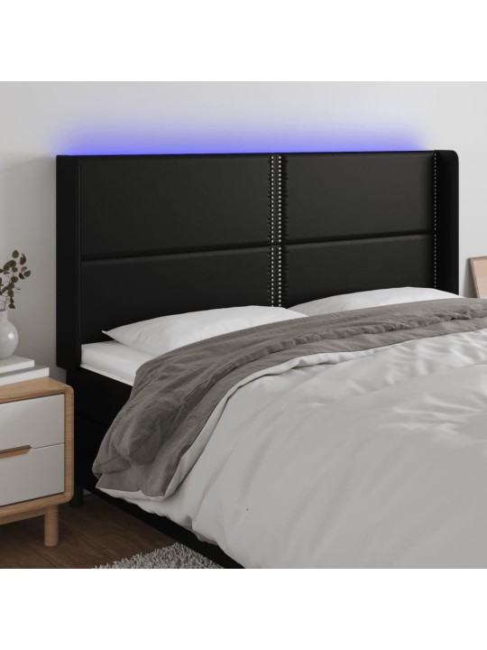 Gultas galvgalis ar led, 203x16x118/128 cm, melna mākslīgā āda