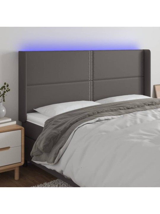 Gultas galvgalis ar led, 203x16x118/128 cm, pelēka mākslīgā āda