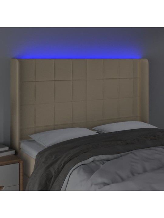 Gultas galvgalis ar LED, 147x16x118/128 cm, krēmkrāsas audums