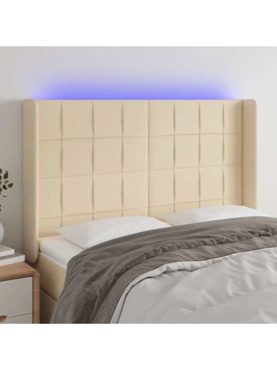 Gultas galvgalis ar LED, 147x16x118/128 cm, krēmkrāsas audums