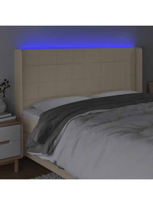 Gultas galvgalis ar led, 163x16x118/128 cm, krēmkrāsas audums
