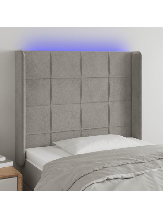 Gultas galvgalis ar led, 93x16x118/128 cm, gaiši pelēks samts