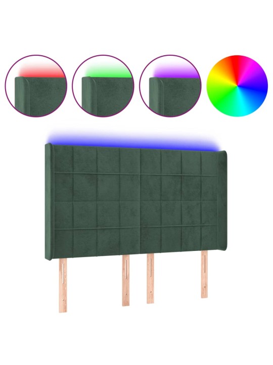 Gultas galvgalis ar led, 147x16x118/128 cm, tumši zaļš samts