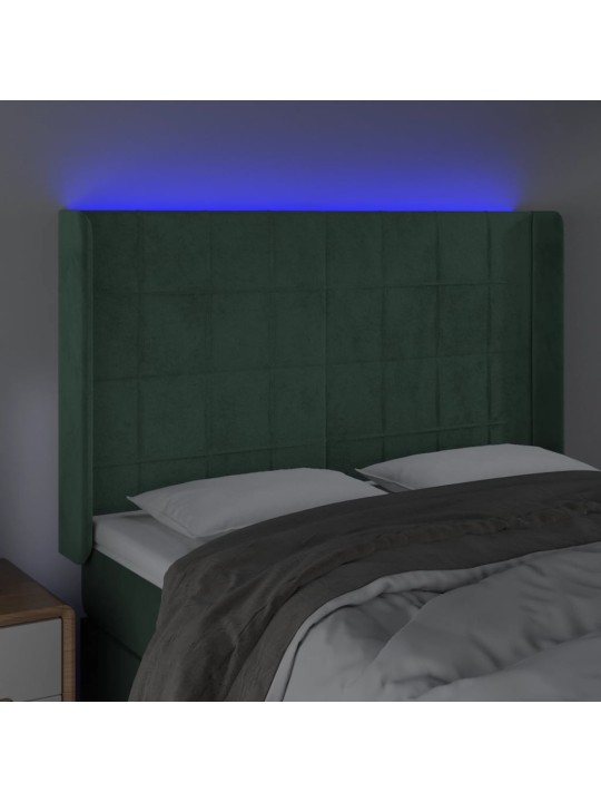 Gultas galvgalis ar led, 147x16x118/128 cm, tumši zaļš samts