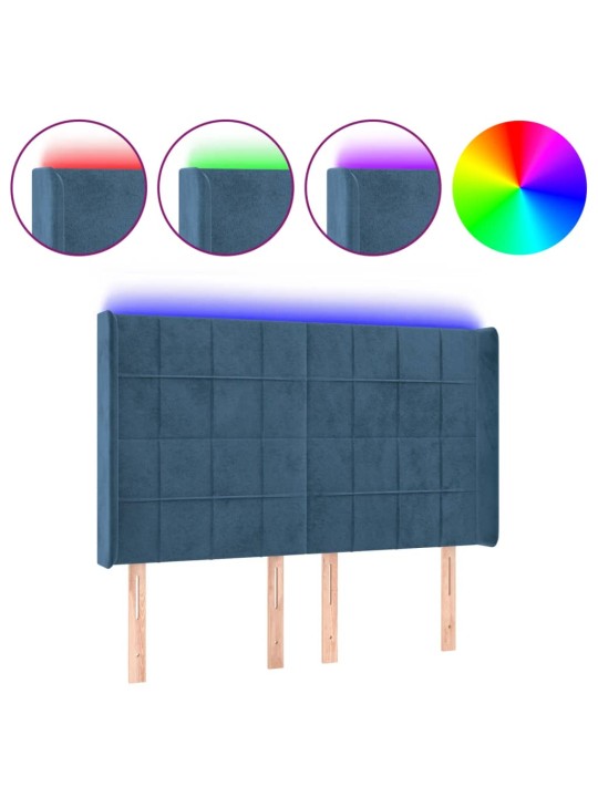 Gultas galvgalis ar LED, 147x16x118/128 cm, tumši zils samts