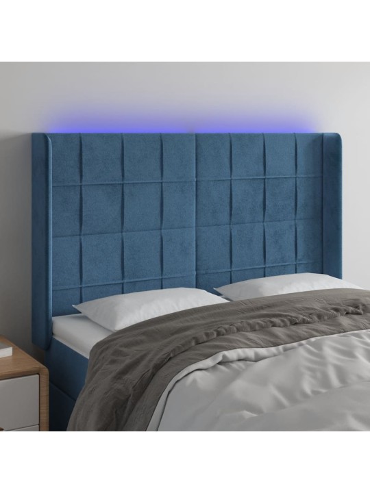 Gultas galvgalis ar LED, 147x16x118/128 cm, tumši zils samts