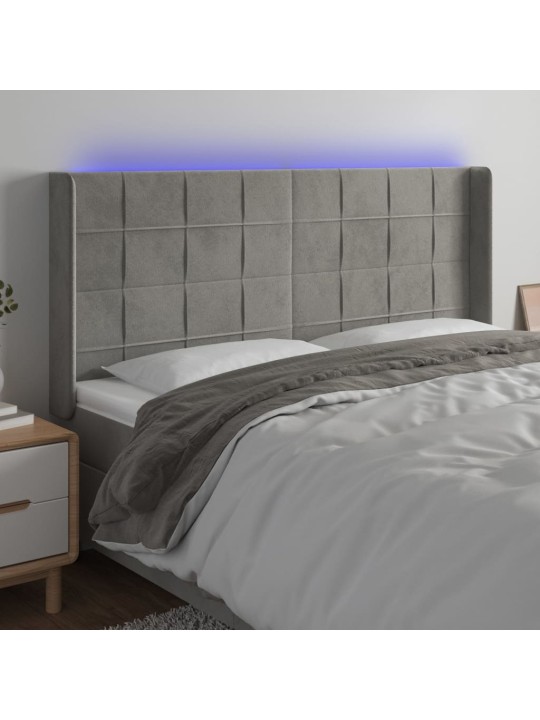 Gultas galvgalis ar led, 183x16x118/128 cm, gaiši pelēks samts