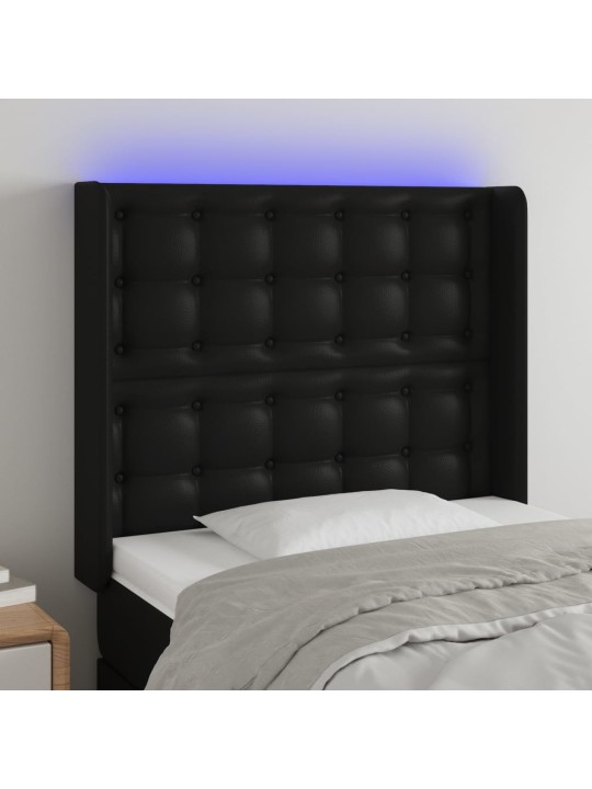 Gultas galvgalis ar led, 83x16x118/128 cm, melna mākslīgā āda