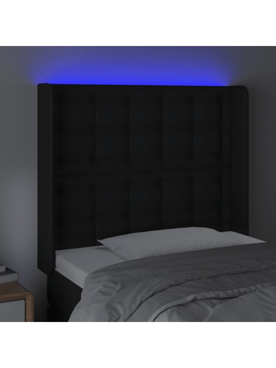 Gultas galvgalis ar led, 93x16x118/128 cm, melna mākslīgā āda