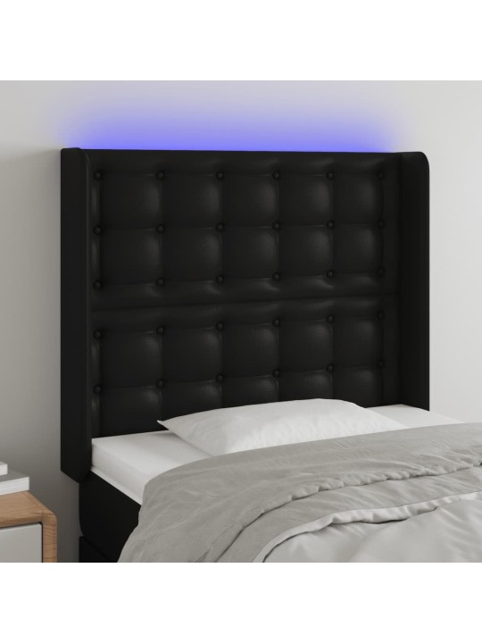 Gultas galvgalis ar led, 93x16x118/128 cm, melna mākslīgā āda