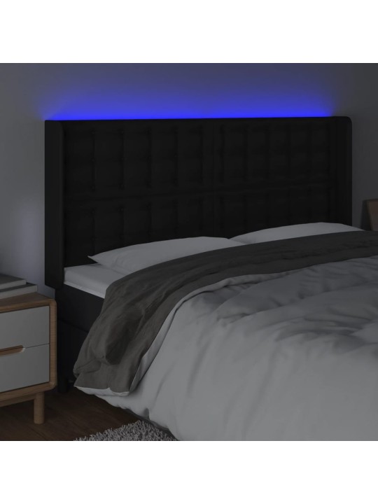 Gultas galvgalis ar LED, 147x16x118/128 cm, melna mākslīgā āda