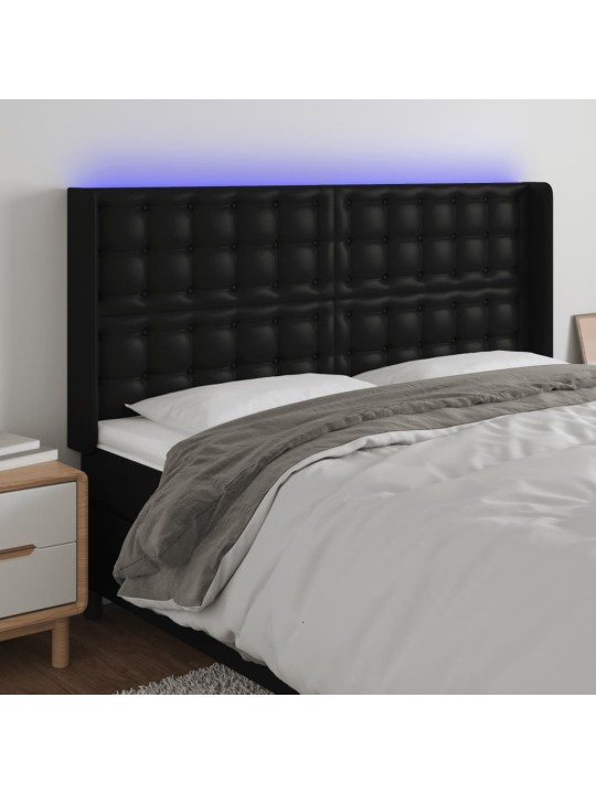 Gultas galvgalis ar LED, 147x16x118/128 cm, melna mākslīgā āda