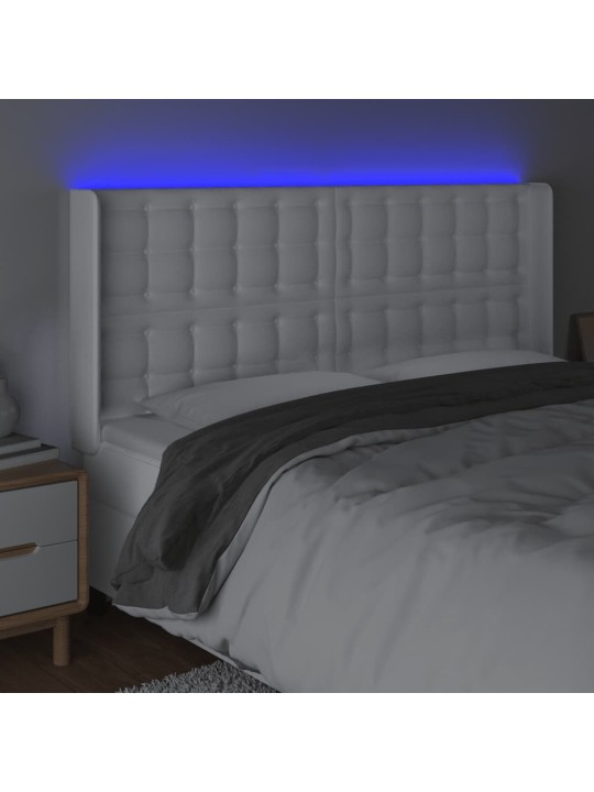 Gultas galvgalis ar LED, 147x16x118/128 cm, balta mākslīgā āda