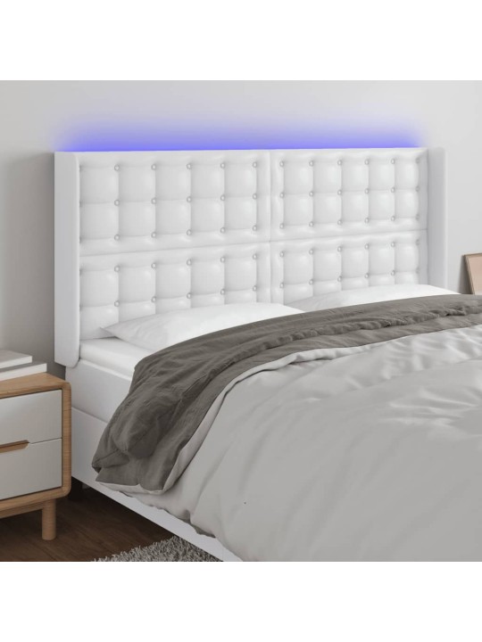 Gultas galvgalis ar LED, 147x16x118/128 cm, balta mākslīgā āda