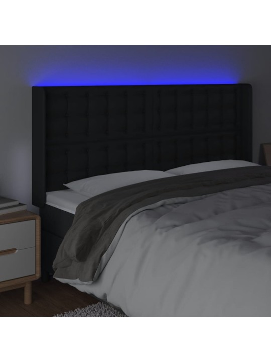 Gultas galvgalis ar LED, 163x16x118/128 cm, melna mākslīgā āda