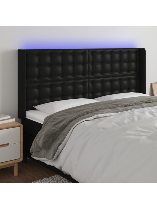 Gultas galvgalis ar led, 183x16x118/128 cm, melna mākslīgā āda