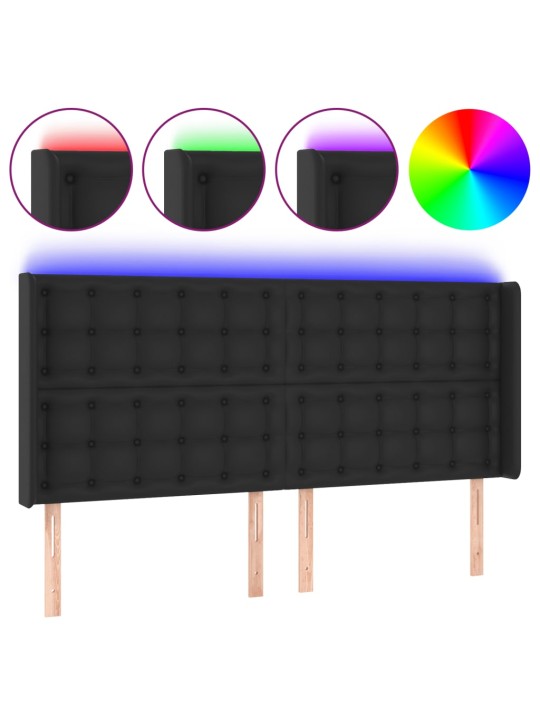 Gultas galvgalis ar led, 203x16x118/128 cm, melna mākslīgā āda