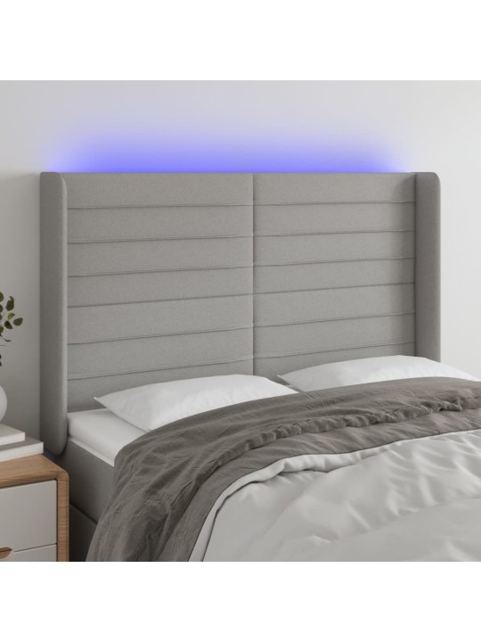 Gultas galvgalis ar LED, 147x16x118/128 cm, gaiši pelēks audums