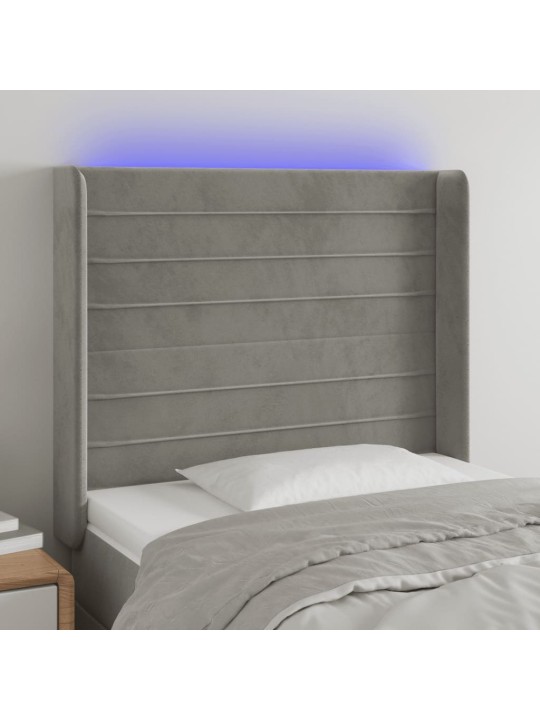 Gultas galvgalis ar led, 93x16x118/128 cm, gaiši pelēks samts
