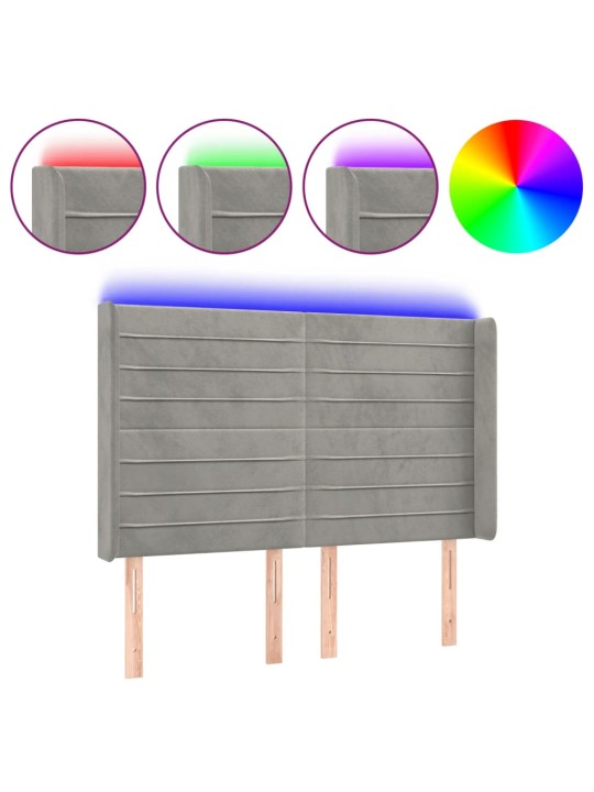 Gultas galvgalis ar LED, 147x16x118/128 cm, gaiši pelēks samts