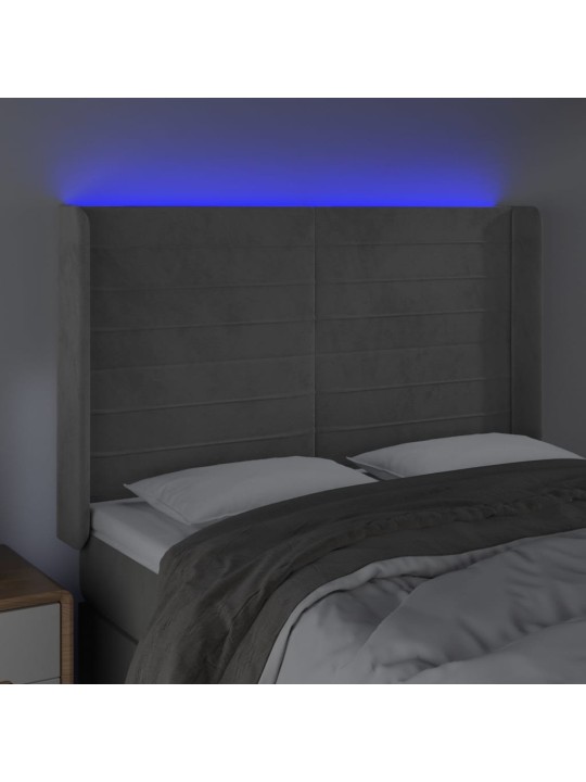 Gultas galvgalis ar LED, 147x16x118/128 cm, gaiši pelēks samts