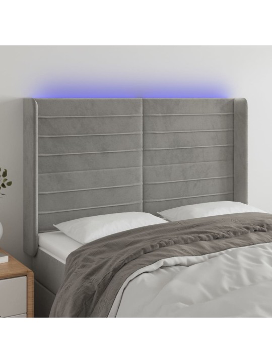 Gultas galvgalis ar LED, 147x16x118/128 cm, gaiši pelēks samts