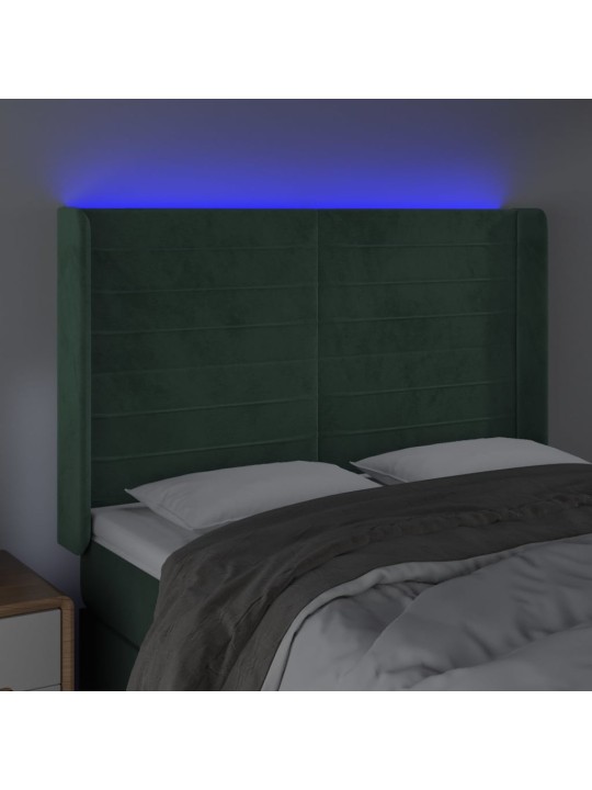 Gultas galvgalis ar led, 147x16x118/128 cm, tumši zaļš samts