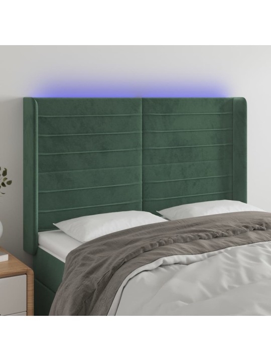 Gultas galvgalis ar led, 147x16x118/128 cm, tumši zaļš samts