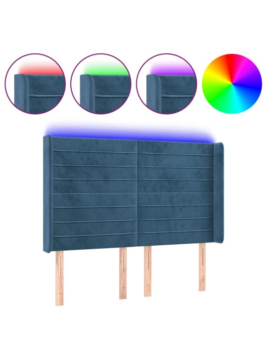 Gultas galvgalis ar LED, 147x16x118/128 cm, tumši zils samts
