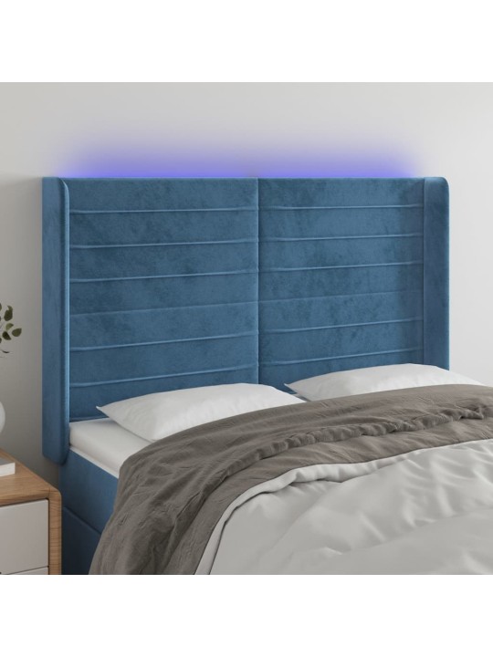 Gultas galvgalis ar LED, 147x16x118/128 cm, tumši zils samts