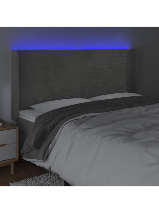 Gultas galvgalis ar LED, 163x16x118/128 cm, gaiši pelēks samts