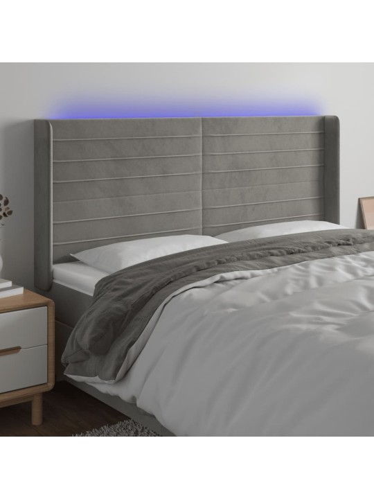 Gultas galvgalis ar LED, 163x16x118/128 cm, gaiši pelēks samts
