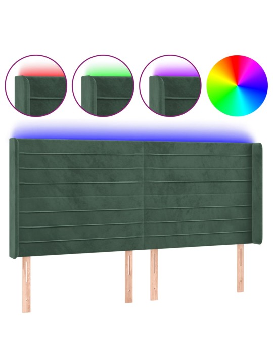 Gultas galvgalis ar led, 163x16x118/128 cm, tumši zaļš samts