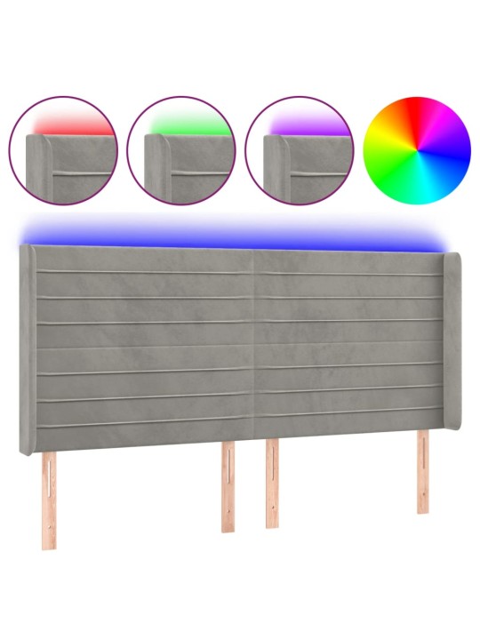 Gultas galvgalis ar led, 183x16x118/128 cm, gaiši pelēks samts